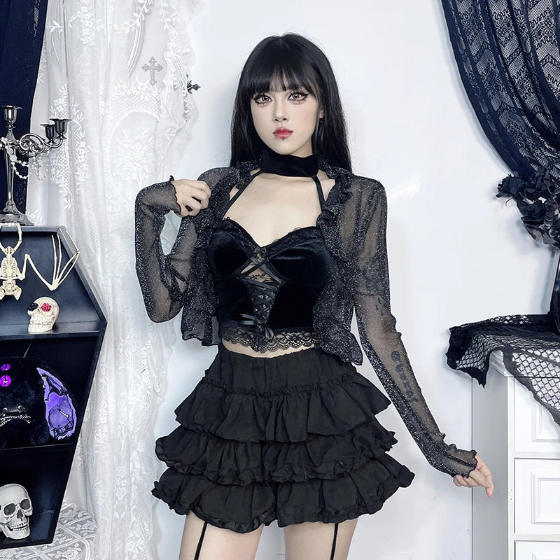 hooded women cardigan for added warmth and styleDark Fairycore Glitter Elegant Thin Gothic See-through Ruched Crop Alternative Cardigan hooded women cardigan for added warmth and styleDark Fairycore Glitter Elegant Thin Gothic See-through Ruched Crop Alternative Cardigan