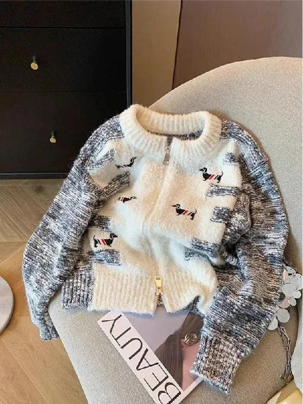 organic cotton women cardigan for an eco - friendly choiceDog Embroidered Double Zip-Up Knitted Cardigan organic cotton women cardigan for an eco - friendly choiceDog Embroidered Double Zip-Up Knitted Cardigan