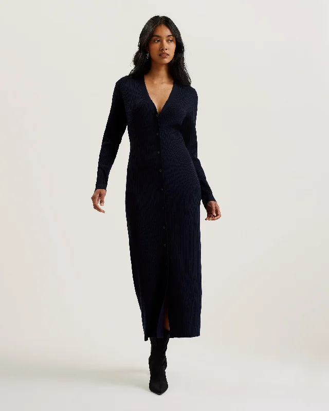 hand knitted women cardigan with artisanal charmElmhaa Ribbed Knitted V Neck Maxi Cardigan Navy hand knitted women cardigan with artisanal charmElmhaa Ribbed Knitted V Neck Maxi Cardigan Navy