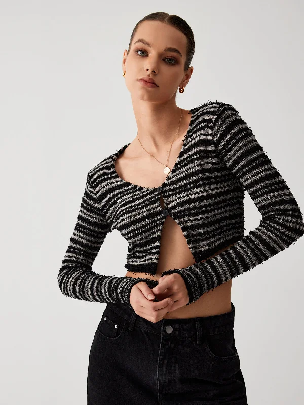 button down women cardigan with vintage buttonsStripe Fuzzy Fly Trendy Away Crop Cardigan button down women cardigan with vintage buttonsStripe Fuzzy Fly Trendy Away Crop Cardigan