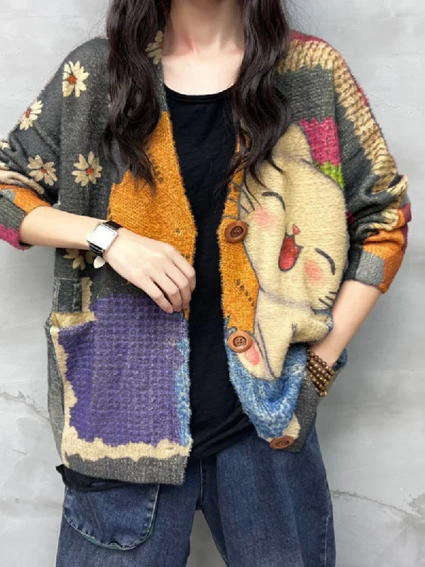 color block women cardigan with bold huesFloral Print Boho Women's Cute Cat Cardigan color block women cardigan with bold huesFloral Print Boho Women's Cute Cat Cardigan