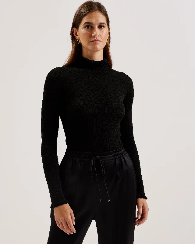 boyfriend style women cardigan for a relaxed fitJanittt Rib Funnel Neck Frill Jumper Black boyfriend style women cardigan for a relaxed fitJanittt Rib Funnel Neck Frill Jumper Black