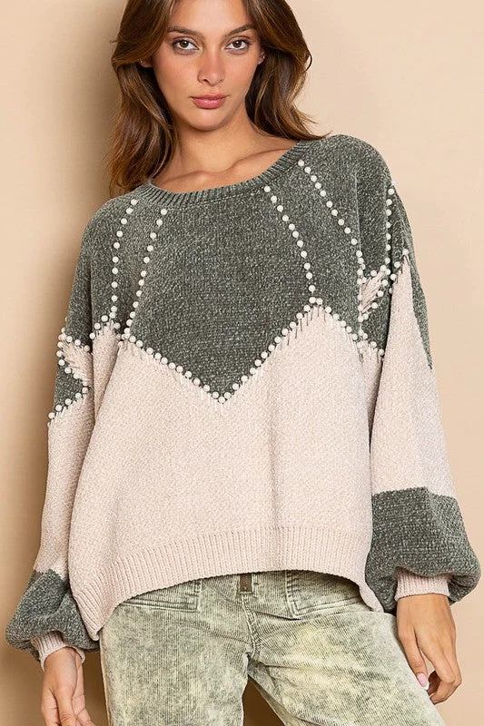 organic cotton women cardigan for an eco - friendly choiceKatie Pearl Embellished Colorblock Sweater (Smoke Green) organic cotton women cardigan for an eco - friendly choiceKatie Pearl Embellished Colorblock Sweater (Smoke Green)