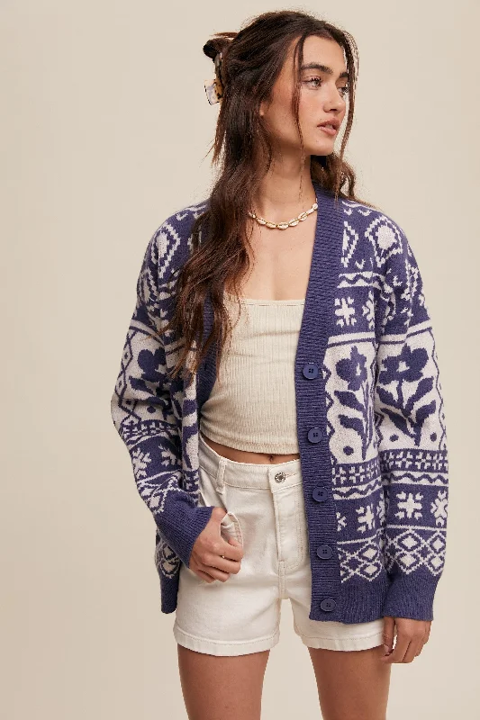cable knit women cardigan with intricate patternsNavy Blue Printed Button Up Cardigan cable knit women cardigan with intricate patternsNavy Blue Printed Button Up Cardigan