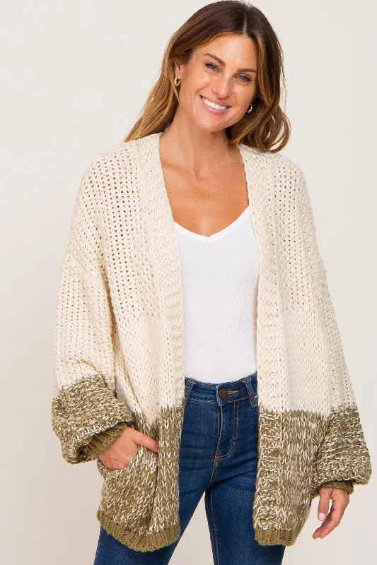 maternity women cardigan for expecting momsOlive Open Knit Color Block Cardigan