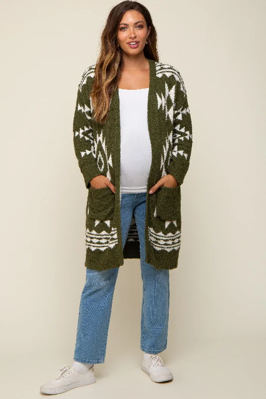 color block women cardigan with bold huesOlive Print Fuzzy Maternity Cardigan