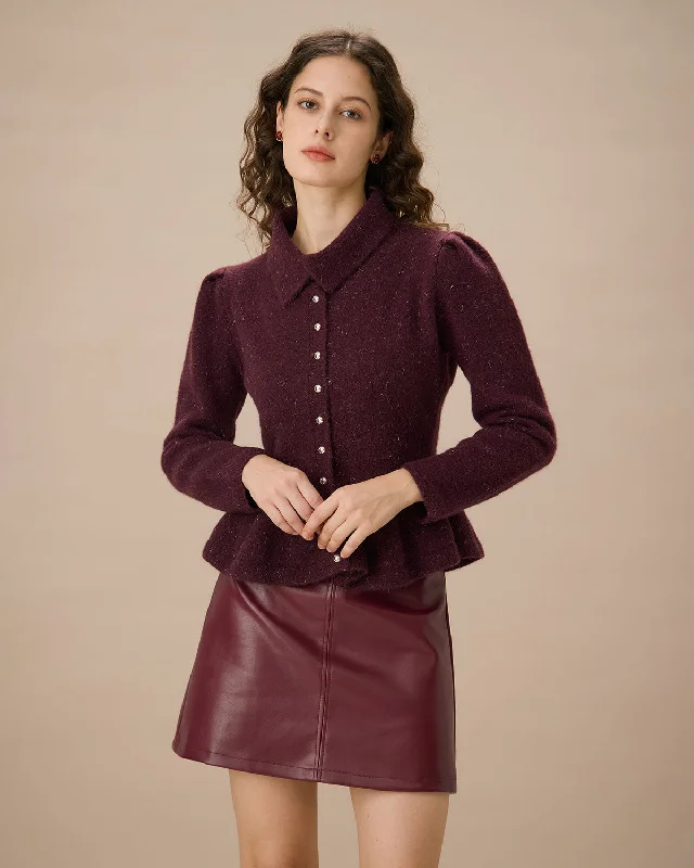 v neck women cardigan to elongate the necklinePurple Lapel Single-breasted Ruffle Cardigan v neck women cardigan to elongate the necklinePurple Lapel Single-breasted Ruffle Cardigan