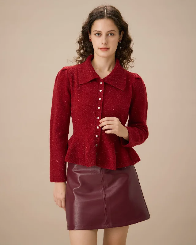 maternity women cardigan for expecting momsRed Collared Single-breasted Ruffle Cardigan maternity women cardigan for expecting momsRed Collared Single-breasted Ruffle Cardigan
