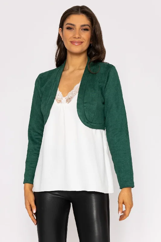 Plus Size Women's Faux Fur - Trimmed Blazers in Black for a Luxurious LookSuede Bolero in Bottle Green Plus Size Women's Faux Fur - Trimmed Blazers in Black for a Luxurious LookSuede Bolero in Bottle Green