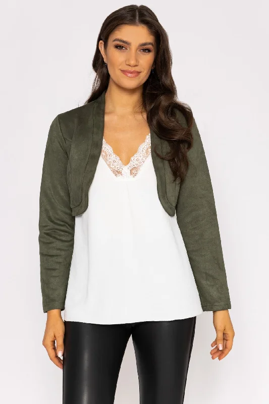 Women's Peplum Blazers in Emerald Green for a Stylish Work AttireSuede Bolero in Khaki Women's Peplum Blazers in Emerald Green for a Stylish Work AttireSuede Bolero in Khaki
