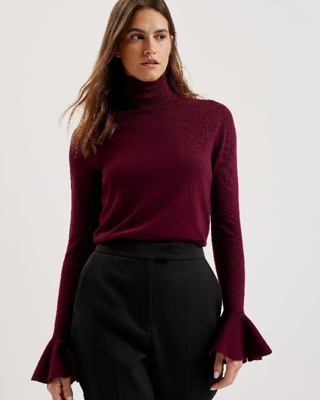 cropped women cardigan to pair with high - waisted jeansTamsenn Roll Neck Fluted Sleeve Sweater Dk-Red cropped women cardigan to pair with high - waisted jeansTamsenn Roll Neck Fluted Sleeve Sweater Dk-Red