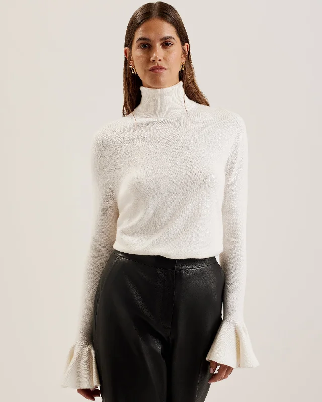 boyfriend style women cardigan for a relaxed fitTamsenn Roll Neck Fluted Sleeve Sweater Ivory boyfriend style women cardigan for a relaxed fitTamsenn Roll Neck Fluted Sleeve Sweater Ivory