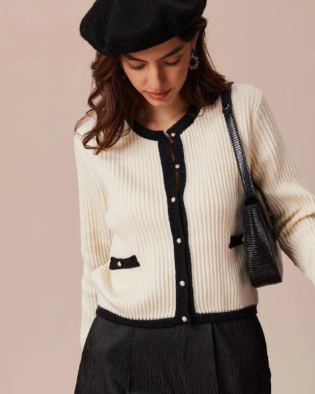 v neck women cardigan to elongate the necklineThe Beige Round Neck Contrast Trim Cardigan v neck women cardigan to elongate the necklineThe Beige Round Neck Contrast Trim Cardigan