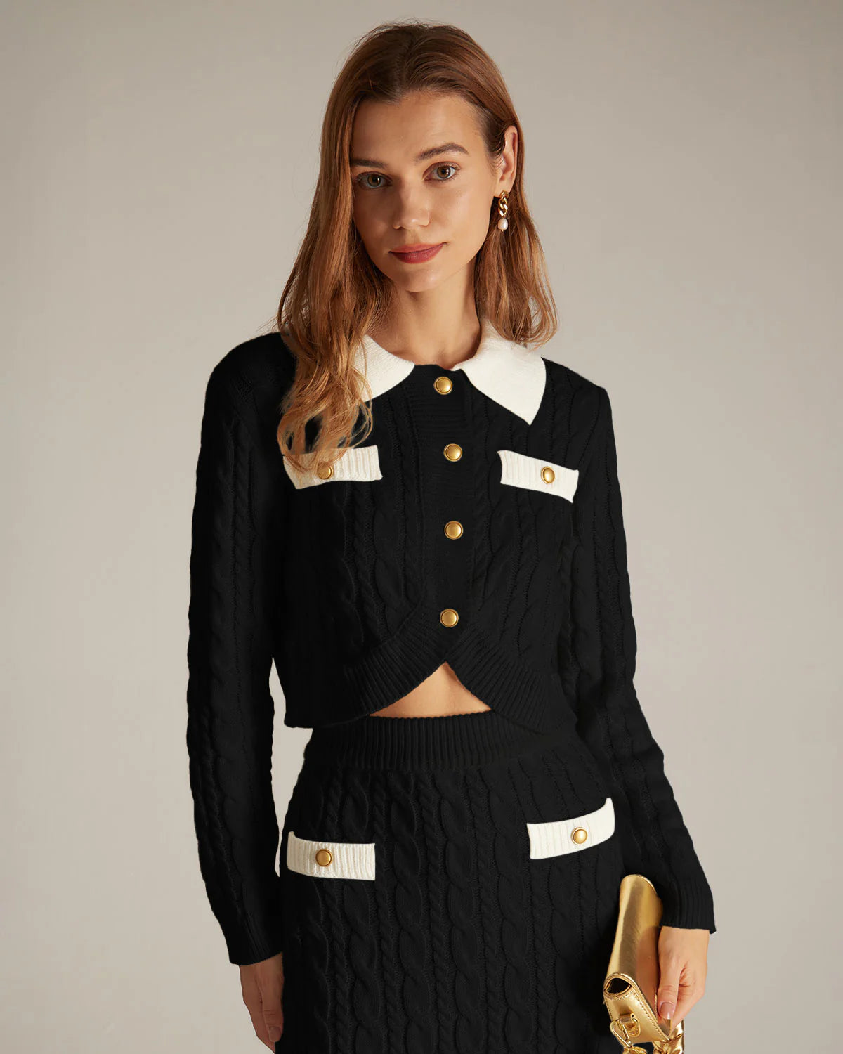 color block women cardigan with bold huesThe Black Lapel Ribbed Button Cable Cardigan color block women cardigan with bold huesThe Black Lapel Ribbed Button Cable Cardigan