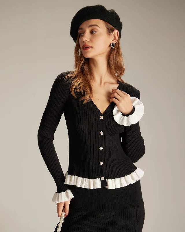 hand knitted women cardigan with artisanal charmThe Black V Neck Contrast Trim Ruffle Cardigan hand knitted women cardigan with artisanal charmThe Black V Neck Contrast Trim Ruffle Cardigan