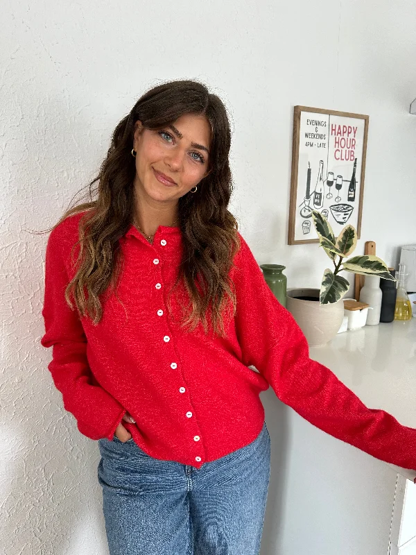 oversized women cardigan for a trendy and cozy lookThings Between Piper Knit Rolled Hem Button Cardigan (Red) oversized women cardigan for a trendy and cozy lookThings Between Piper Knit Rolled Hem Button Cardigan (Red)