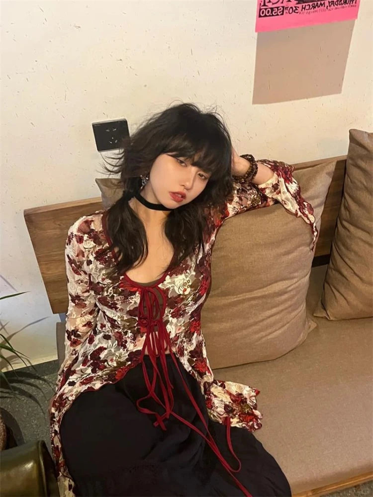 organic cotton women cardigan for an eco - friendly choiceVintage Floral Print Gothic Style Red Flare Sleeve Mesh Transparent Slim Chic Cardigan organic cotton women cardigan for an eco - friendly choiceVintage Floral Print Gothic Style Red Flare Sleeve Mesh Transparent Slim Chic Cardigan