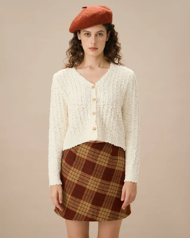 hand knitted women cardigan with artisanal charmWhite V-Neck Single-breasted Cardigan hand knitted women cardigan with artisanal charmWhite V-Neck Single-breasted Cardigan