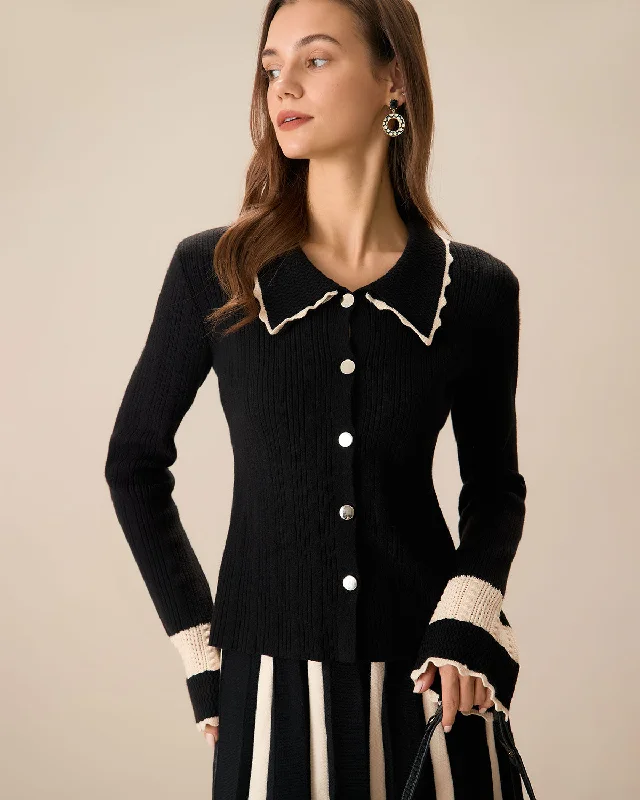 open front women cardigan for easy stylingWomen's Black Splicing Button Ribbed Cardigan open front women cardigan for easy stylingWomen's Black Splicing Button Ribbed Cardigan