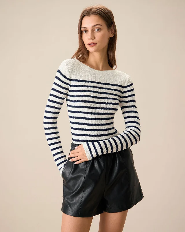 organic cotton women cardigan for an eco - friendly choiceWomen's Navy Boat Neck Slim Striped Sweater organic cotton women cardigan for an eco - friendly choiceWomen's Navy Boat Neck Slim Striped Sweater