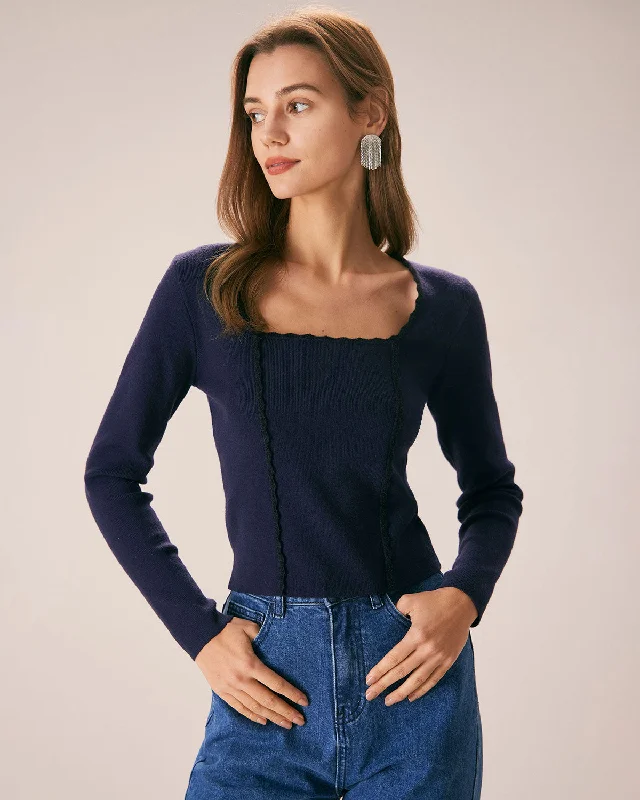 sequin embellished women cardigan for special occasionsWomen's Navy Square Neck Slim Knitted Sweater sequin embellished women cardigan for special occasionsWomen's Navy Square Neck Slim Knitted Sweater