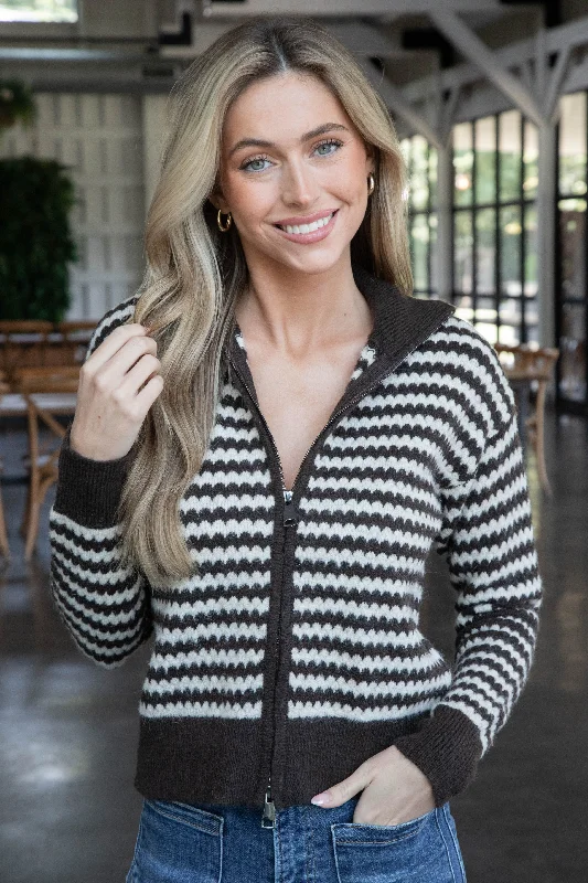 ribbed women cardigan with a classic textureYor Mock Neck Zip Up Cardigan, Brown Stripe | RD Style ribbed women cardigan with a classic textureYor Mock Neck Zip Up Cardigan, Brown Stripe | RD Style
