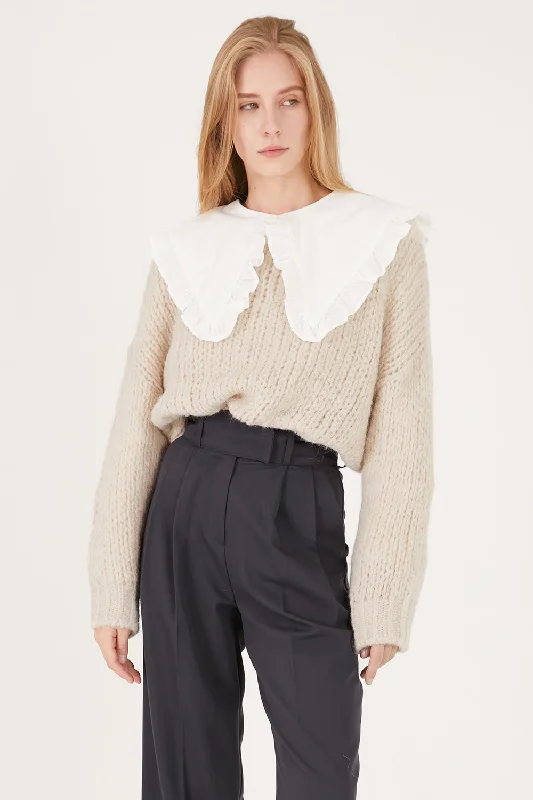 V - Neck Women's Ribbed Wool Sweaters for FallEmery Oversized Net Sweater