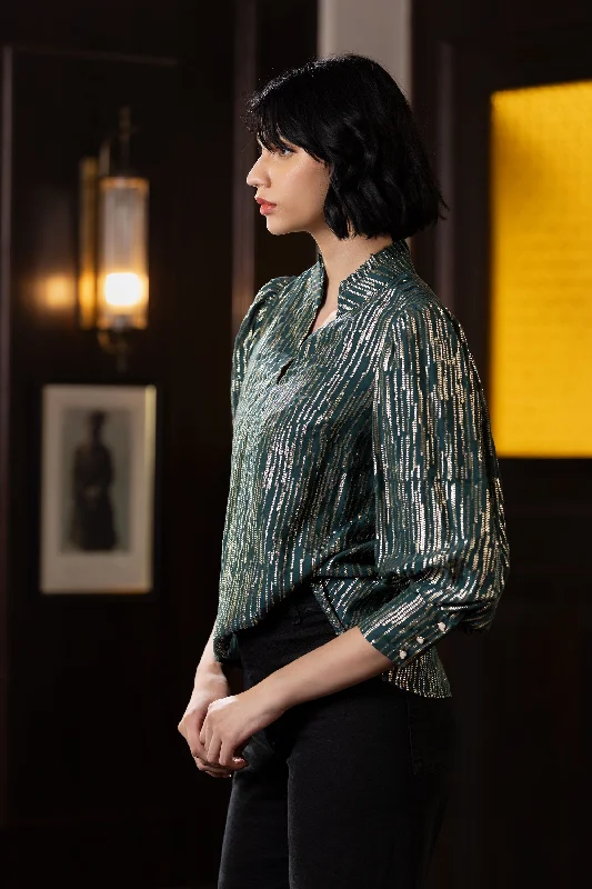 Split - Hem Women's Linen Blend Sweaters for SpringEmily Lovelock Deep Emerald Hailey Lurex Striped Blouse Split - Hem Women's Linen Blend Sweaters for SpringEmily Lovelock Deep Emerald Hailey Lurex Striped Blouse