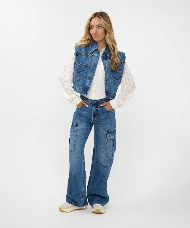 Plus Size Women's Embroidered Sweaters in Ethnic StylesEsqualo Jeans Blue Gilet Denim With Stones Plus Size Women's Embroidered Sweaters in Ethnic StylesEsqualo Jeans Blue Gilet Denim With Stones