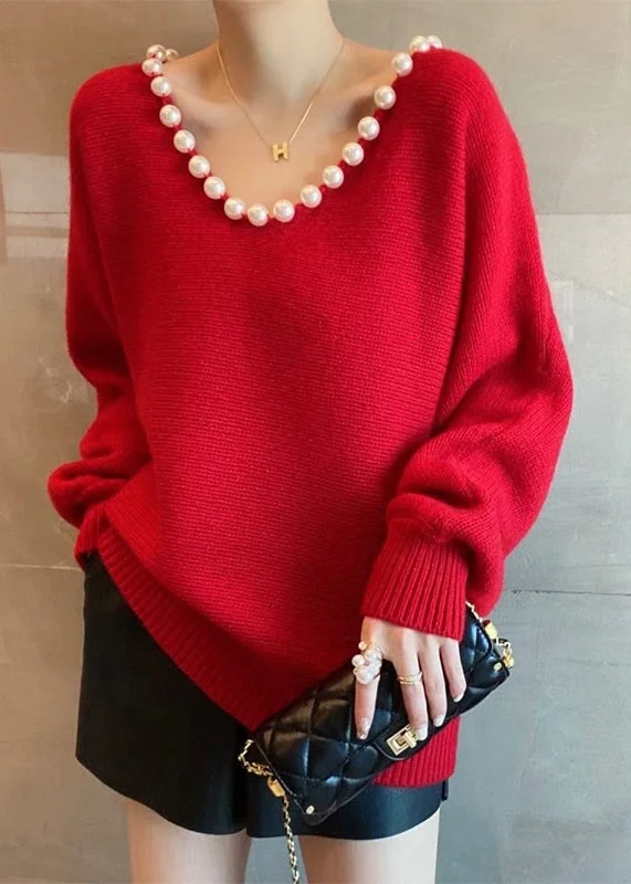 Plus Size Women's Sequined Sweaters for Special OccasionsHandmade Red V Neck Nail Bead Thick Knit Sweaters Fall Plus Size Women's Sequined Sweaters for Special OccasionsHandmade Red V Neck Nail Bead Thick Knit Sweaters Fall
