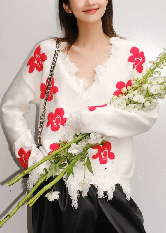 Sleeveless Women's Silk - Trimmed Sweaters for SummerHandmade White V Neck Print Thick Knit Sweater Fall Sleeveless Women's Silk - Trimmed Sweaters for SummerHandmade White V Neck Print Thick Knit Sweater Fall