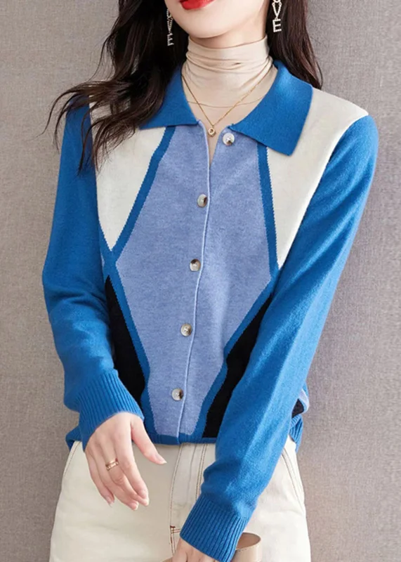 Split - Hem Women's Linen Blend Sweaters for SpringItalian Blue Peter Pan Collar Button Patchwork Knit Sweater Fall Split - Hem Women's Linen Blend Sweaters for SpringItalian Blue Peter Pan Collar Button Patchwork Knit Sweater Fall