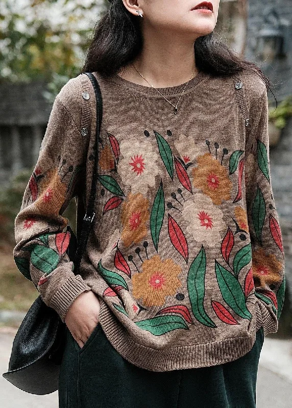 Hooded Women's Fleece - Lined Sweaters for WinterItalian Khaki O-Neck Print Button Fall Sweater Hooded Women's Fleece - Lined Sweaters for WinterItalian Khaki O-Neck Print Button Fall Sweater