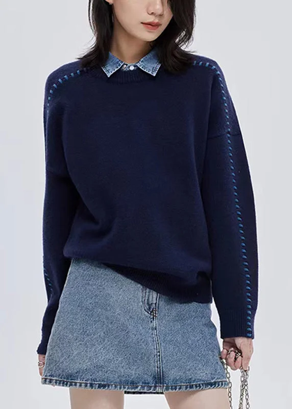 Open - Front Women's Cardigan - Style Mohair SweatersItalian Navy O-Neck Thick Patchwork Woolen Sweater Tops Fall Open - Front Women's Cardigan - Style Mohair SweatersItalian Navy O-Neck Thick Patchwork Woolen Sweater Tops Fall