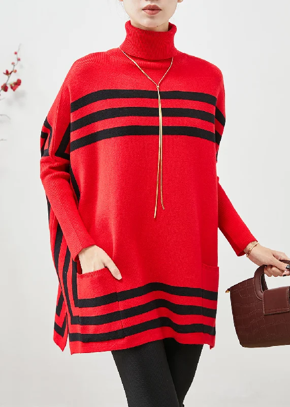Plus Size Women's Belted Cable Knit SweatersItalian Red High Neck Oversized Striped Knit Sweater Tops Fall Plus Size Women's Belted Cable Knit SweatersItalian Red High Neck Oversized Striped Knit Sweater Tops Fall