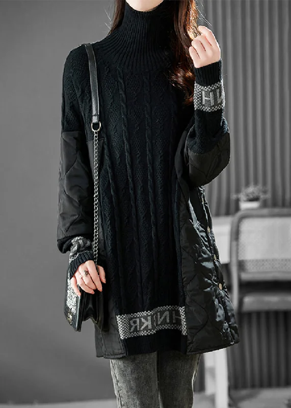 Split - Hem Women's Linen Blend Sweaters for SpringJacquard Black Turtleneck Patchwork Alphabet Button Thick Knit Sweater Winter Split - Hem Women's Linen Blend Sweaters for SpringJacquard Black Turtleneck Patchwork Alphabet Button Thick Knit Sweater Winter