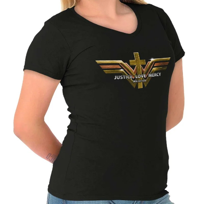 V - Neck Women T Shirt to Enhance the NecklineJustice Love Mercy Junior Fit V-Neck T-Shirt V - Neck Women T Shirt to Enhance the NecklineJustice Love Mercy Junior Fit V-Neck T-Shirt