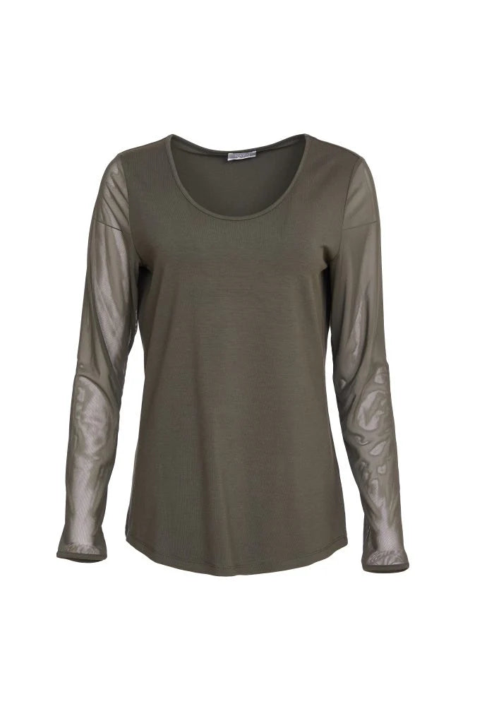 High - Low Hem Women's Cashmere - Blended SweatersNaya Forest Green Long Sleeved Mesh Sleeve Top High - Low Hem Women's Cashmere - Blended SweatersNaya Forest Green Long Sleeved Mesh Sleeve Top