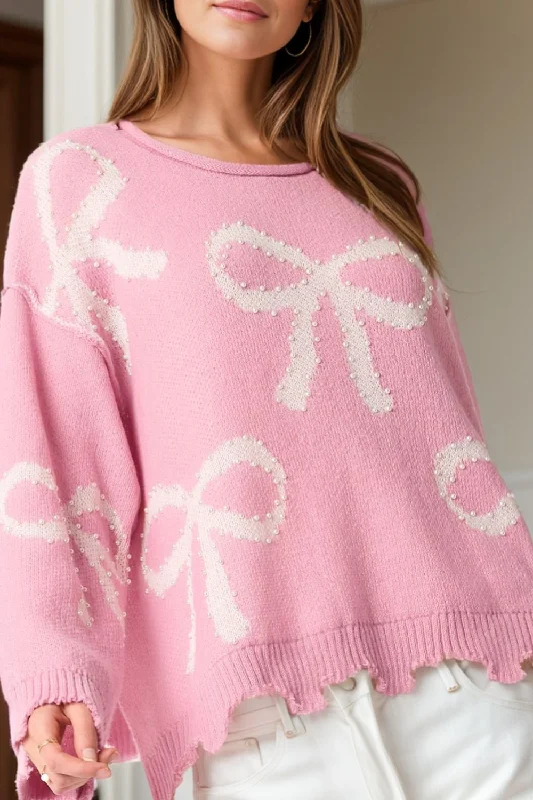 Plus Size Women's Belted Cable Knit SweatersPearl Detail Bow Round Neck Long Sleeve Sweater Plus Size Women's Belted Cable Knit SweatersPearl Detail Bow Round Neck Long Sleeve Sweater