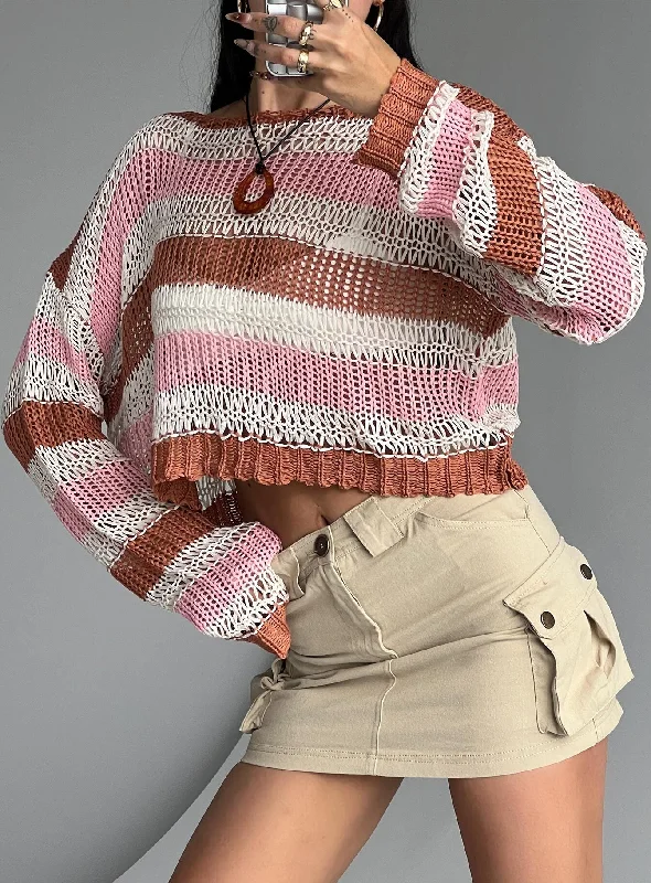 Plus Size Women's Sequined Sweaters for Special OccasionsPerren Sweater Pink / Brown Stripe Plus Size Women's Sequined Sweaters for Special OccasionsPerren Sweater Pink / Brown Stripe