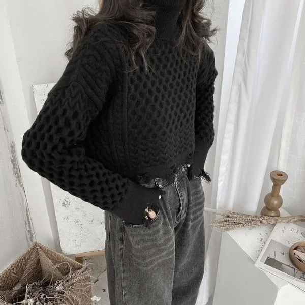 Hooded Women's Fleece - Lined Sweaters for WinterSpring New Sweater Knitting Splicing Broken Edge Tassel Women Casual Fashion Turtleneck Collar Solid Color Hooded Women's Fleece - Lined Sweaters for WinterSpring New Sweater Knitting Splicing Broken Edge Tassel Women Casual Fashion Turtleneck Collar Solid Color