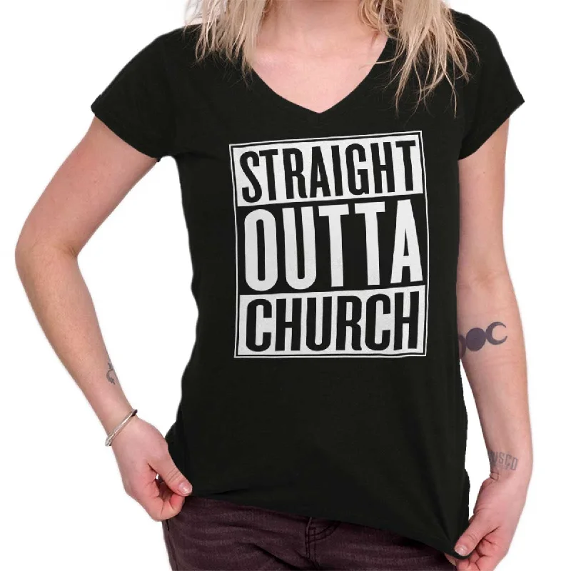 Crew Neck Women T Shirt with a Timeless DesignStraight Outta Church Junior Fit V-Neck T-Shirt Crew Neck Women T Shirt with a Timeless DesignStraight Outta Church Junior Fit V-Neck T-Shirt
