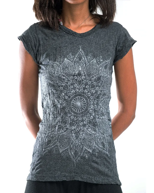 Moisture - Wicking Women T Shirt for Active LifestylesWomens Lotus Mandala T-Shirt in Silver On Black Moisture - Wicking Women T Shirt for Active LifestylesWomens Lotus Mandala T-Shirt in Silver On Black