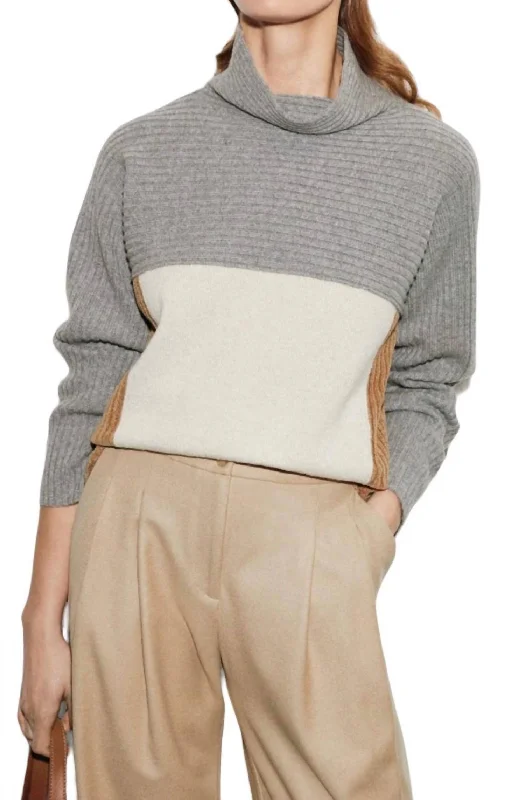 Women's Long Sleeve Turtleneck Cashmere SweatersTricolor Sweater In Honey/nougat/grey Women's Long Sleeve Turtleneck Cashmere SweatersTricolor Sweater In Honey/nougat/grey
