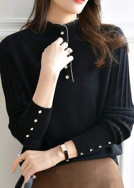 Sleeveless Women's Silk - Trimmed Sweaters for SummerWomen Black Ruffled Button Patchwork Knit Sweaters Long Sleeve Sleeveless Women's Silk - Trimmed Sweaters for SummerWomen Black Ruffled Button Patchwork Knit Sweaters Long Sleeve