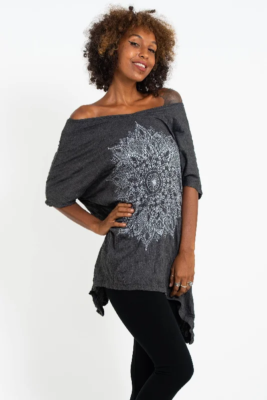 Graphic Print Women T Shirt for a Trendy StatementWomens Lotus Mandala Loose V Neck T-Shirt in Silver on Black Graphic Print Women T Shirt for a Trendy StatementWomens Lotus Mandala Loose V Neck T-Shirt in Silver on Black
