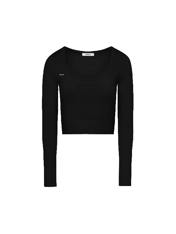 Long Sleeve Women T Shirt for Cooler WeatherWomen's Plant-Stretch Long Sleeve Cropped Top—black Long Sleeve Women T Shirt for Cooler WeatherWomen's Plant-Stretch Long Sleeve Cropped Top—black
