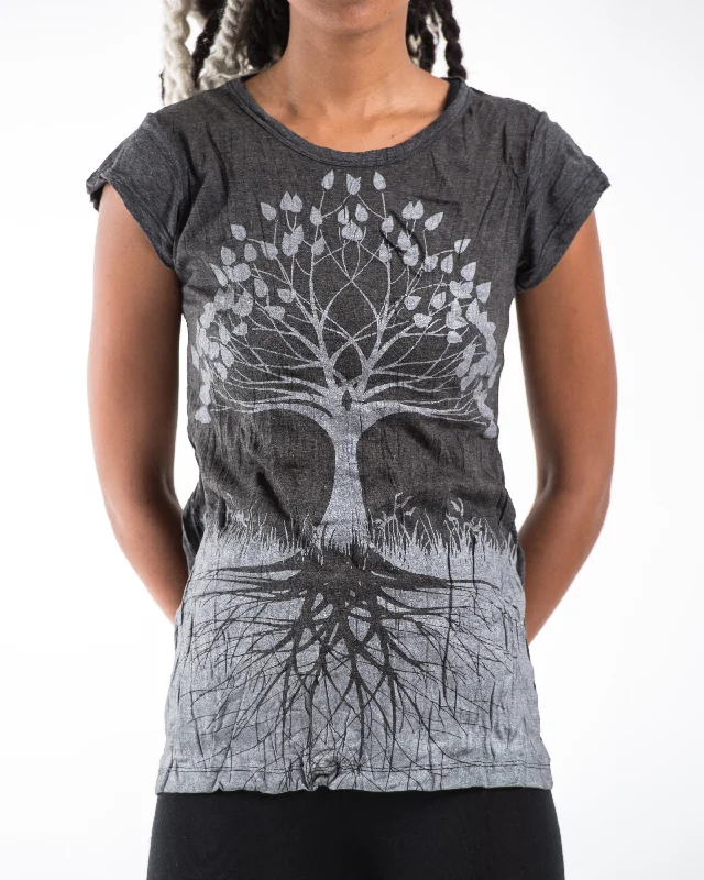 Crop Top Women T Shirt to Pair with High - Waisted BottomsWomens Tree of Life T-Shirt in Silver on Black Crop Top Women T Shirt to Pair with High - Waisted BottomsWomens Tree of Life T-Shirt in Silver on Black