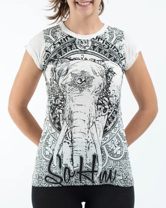 Distressed Women T Shirt with a Laid - Back AestheticWomens Wild Elephant T-Shirt in White Distressed Women T Shirt with a Laid - Back AestheticWomens Wild Elephant T-Shirt in White