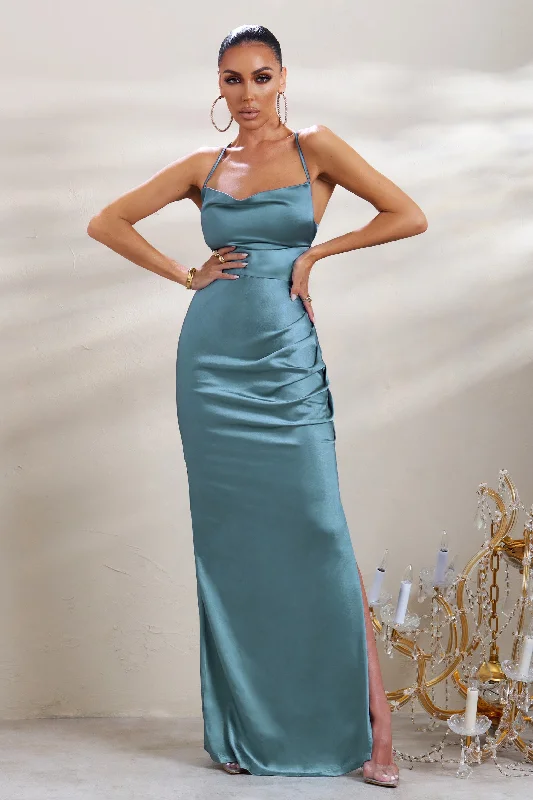 Halter Neck Women Dress to Show Off the Shoulders and NecklineA-List | Blue Satin Cowl Maxi Dress With Thigh Split Halter Neck Women Dress to Show Off the Shoulders and NecklineA-List | Blue Satin Cowl Maxi Dress With Thigh Split